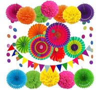 Guirlande de fanions, éventails en papier, pompons et fleurs for décoration Noël, mariage, anniversaire, chambre Pour Les Mariages(21PCS Multi-color)