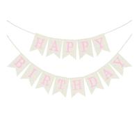 Guirlande de Fanions Joyeux Anniversaire Happy Birthday Bannière Décoration Fête Pré-Cordée Toile de Jute Happy Birthday Banner Banderole Réutilisable pour Fête d’Anniversaire pour Fille Garçon (Rose)