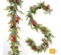 Guirlande de Noël avec éclairage, 2 m, 20 LED, guirlande de sapin avec éclairage, décoration de Noël, guirlande de sapin avec baies rouges, à piles, pour escalier, porte (A)