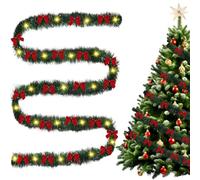 Guirlande de Noël avec éclairage - Guirlande de sapin à LED avec 30 nœuds rouges - Guirlande de sapin artificiel avec guirlandes lumineuses - Guirlande de décoration de Noël (5 m)