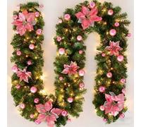 Guirlande de Noël avec lumières LED, guirlandes de Noël artificielles pré-éclairées pour arbre, escaliers, murs, portes, intérieurs et extérieurs (rose)