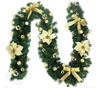 Guirlande de Noël de 2,7 m avec vigne de fruits rouges et fleurs roses, décoration en plastique imperméable pour cheminées, rampes, maison et jardin (doré)