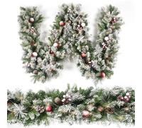 Guirlande de Noël floquée de 2,7 m avec 50 lumières, décoration de Noël avec Pomme de pin Boules Rouges et Baies 50 lumières minuteur pour cheminée escalier intérieur et extérieur