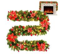 Guirlande de Noël - Guirlande lumineuse de Noël artificielle avec lumières LED pré-éclairées - Décoration de Noël verte avec fleurs rouges