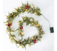 Guirlande de Noël pré-éclairée de 1,8 m, feuilles d'olivier givrées et pailletées avec baies rouges et pommes de pin, minuterie intégrée, cheminée, escalier et entrée