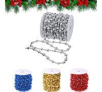 Guirlande de Perles de Sapin de Noël 15M Ornements de Sapin de Noël Ruban de Perles | Diamètre de la Perle 8 mm et 4 mm | Décoration de chaîne de Sapin de Noël (Argent)