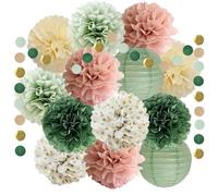 Guirlande de Pompons en Papier de Soie Vert Sauge Rose Poudré - Décorations pour Fête Prénuptiale, Prénatale, Mariage, Anniversaire
