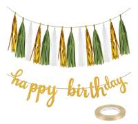 Guirlande de pompons en papier pour décorations de fête d'anniversaire vert sauge, bannière « Happy Birthday » - Bannière à pompons dorée, blanche et verte pour femmes, hommes, garçons et filles