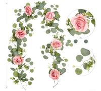 Guirlande de roses artificielles et eucalyptus pour décoration de mariage, convient pour accrocher des présentations, centres de table et cadres de porte en plastique durable (rose foncé)