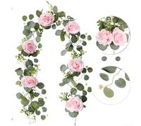 Guirlande de roses artificielles et eucalyptus pour décoration de mariage, convient pour accrocher des présentations, centres de table et cadres de porte avec plastique durable (rose)