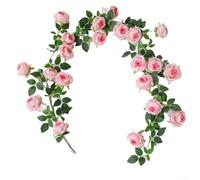 Guirlande de roses artificielles réalistes à suspendre - 1,9 m - 21 fleurs - En rotin - Pour mur, porte, maison, fête de mariage - Rose rouge, rose, jaune, orange (rose)