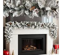 Guirlande de sapin 270 cm enneigée avec pommes de pin et baies rouges - Guirlande de Noël avec neige artificielle - Guirlande décorative dense pour cheminée, rampe d'escalier et table - Décoration de