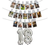 Guirlande décorative pour 18e anniversaire garçon/fille - Une légende depuis 2007 - 18 cartes à paillettes - Peut insérer des photos de 15,2 cm de 1 à 18 ans, ballons avec chiffres de 18 ans (argenté)
