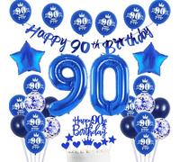 Guirlande décorative pour 90 ans - Bannière bleue - 90 ans - Ballons 90 ans - Décoration de gâteau - 90 ans - Ballons pour homme - 90 ans - Décoration de fête