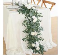 Guirlande d'eucalyptus artificiel de 1,7 m avec roses blanches, fausses feuilles de vigne florale pour décoration de table, cent