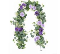 Guirlande d'eucalyptus artificiel de 1,8 m avec roses bleu marine et blanches pour balustrades de balcon, bannières d'escalier et cadres de fenêtre (blanc (rouge (une robe))