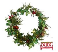 Guirlande d'eucalyptus avec lumières, Guirlande de Noël pré-éclairée de 6 Pieds 20 LED avec Pommes pin, Baies, décorations Noël d'intérieur pour Porte cheminée 'escalier