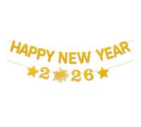 Guirlande dorée pailletée Happy New Year 2026 avec étoiles et feux d'artifice - Décoration de fête du Nouvel An