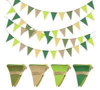 Guirlande Fanion Toile de Jute Guirlande Vert Multicolor Banderole Fanions, 48PCS Vintage Imitation Lin Drapeaux Triangle Bannière pour Mariage Anniversaire Baptême Intérieure et Extérieure Déco