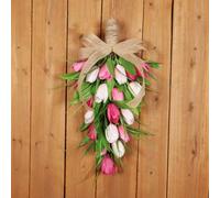 Guirlande florale en forme de goutte d'eau avec tulipes réalistes et nœud en toile de jute pour porte d'entrée et porche, utilisation intérieure et extérieure (rose)