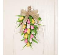 Guirlande florale en forme de goutte d'eau construite avec des tulipes artificielles et des détails en toile de jute pour porte intérieure et extérieure et montage mural (jaune)