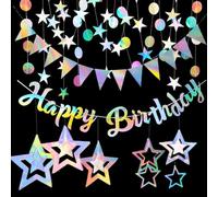 Guirlande Happy Birthday - Décoration irisée - Guirlande en papier à paillettes - Guirlande multicolore - Étoiles rondes - Décoration holographique arc-en-ciel - Décoration d'anniversaire pour fête