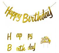 Guirlande Happy Birthday dorée - Bannière en papier lisse avec cordon de suspension de 5 m et 2 pendentifs (citron et gâteau) - Décoration d'anniversaire élégante pour femmes et hommes - Fête d'été