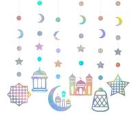 Guirlande irisée de décoration de fête du Ramadan pour la maison, 6 pièces de mosquées islamiques en forme d'étoile et de lune à suspendre - Banderole holographique pour l'Aïd Mubarak pour