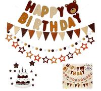 Guirlande Joyeux Anniversaire en Feutrine avec Fanions et Pompons, Kit de Décoration DIY Marron Ours pour Fête et Photos