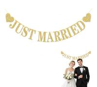 Guirlande Just Married, Bannière Décorative pour Mariage et Fêtes, Guirlande à Suspendre avec Lettres et Cœurs Brillants, Décoration de Salle, Voiture ou Photobooth pour Célébrations et Événements