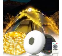 Guirlande lumineuse de camping enroulable, étanche, portable, 10 m, avec 8 modes d'éclairage, rechargeable par USB/solaire, lampe de camping pour extérieur, camping, décoration de jardin, charge