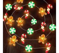 Guirlande lumineuse de Noël en pain d'épice - 3 m - 30 LED - Décoration de Noël - Bonhomme en pain d'épice - Avec sucre d'orge - Batterie pour sapin de Noël, chambre à coucher, cheminée, balcon, fête