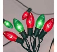 Guirlande lumineuse de Noël vintage C9 de 7,6 m avec 27 ampoules rouges et vertes transparentes (2 de rechange), lumières de Noël extérieures à suspendre pour jardin, bal de fin d'année, chemin de