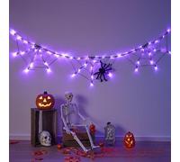 Guirlande lumineuse d'Halloween en toile d'araignée, 1,8 m, 60 LED, orange et violet, 8 modes d'éclairage, fonction minuterie, alimentée par batterie/USB, intérieur et extérieur (violet, alimentation