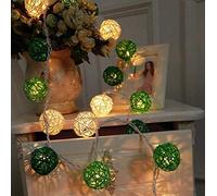 Guirlande lumineuse en boule de rotin, 3 m/9,8 pi, guirlande lumineuse à 20 LED à piles, guirlande lumineuse d'intérieur décorative pour chambre à coucher, fête, mariage (Blanc chaud + vert)