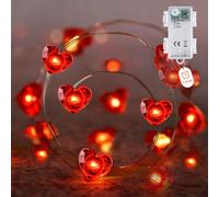 Guirlande lumineuse en forme de cœur 2 m, 20 LED blanc chaud sur fil argenté en forme de cœur rouge, fonctionne avec piles, avec minuteur, pour décoration de Saint-Valentin, mariage, fête des mères