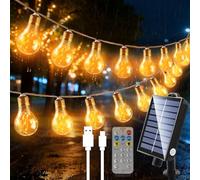 Guirlande Lumineuse Exterieure, A60 Guirlande Guinguette Solaire avec 16 Ampoules, Corde de Chanvre 8M, 8 Modes IP65 Étanche, Télécommande et Chargement USB, pour Jardins, Cours, Bistrots, Pavillon