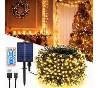 Guirlande Lumineuse exterieure Solaire 10m 100LEDs Guirlande Solaire Lumineuse avec télécommande, 8 Modes, Minuterie, Gradable Guirlande exterieur jardin, pour balcon, fêtes, Noël (blanc chaud)