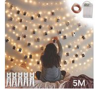Guirlande lumineuse LED à clips photo 5M, lumière blanche chaude, décoration photo, à piles, avec 50 clips