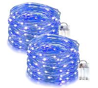 Guirlande Lumineuse LED Bleu, Fil La ligne argent Guirlande Lumineuse à Piles，5m 50 LED, Modèle étanche ip65, pour Intérieur et Extérieu, décoration de Noël, fête de mariage, 2 pièces.