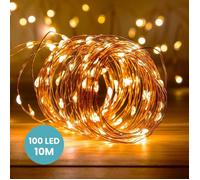 Guirlande lumineuse LED fil cuivre 10 m - 100 micro LED blanc chaud, à piles, intérieur