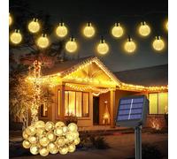 Guirlande lumineuse solaire - 8 m, 30 LED, boules de cristal étanches avec 8 modes, décoration pour jardin, cour et fêtes (fonction mémoire, blanc chaud)