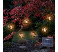 Guirlande lumineuse solaire avec 6 lanternes rondes noires avec effet flamme, 300 cm