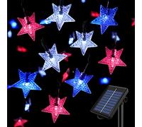 Guirlande lumineuse solaire d'extérieur à 50 LED avec étoiles en cristal en forme de 3D pour décoration de jardin (bleu, blanc, rouge, drapeau américain)