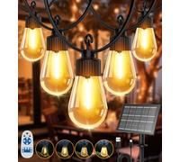 Guirlande lumineuse solaire d'extérieur de 15 m avec télécommande, 20 ampoules S14 incassables, étanches IP65, à intensité variable, 4 modes d'éclairage extérieur pour tonnelle, arrière-cour