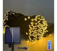 Guirlande lumineuse solaire extérieure 100m 1000LEDs Eclairage solaire de Noël blanc chaud Rideau lumineux avec 8 modes d'éclairage Fonction mémoire & minuterie & USB IP44 étanche Guirlande lumineuse