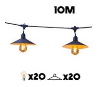 Guirlande lumineuse extérieure raccordable 10m avec 20 ampoules LED filament E27 blanc chaud VINTY LIGHT et abat-jour en métal style vintage