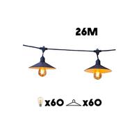 Guirlande lumineuse extérieure raccordable 26m avec 60 ampoules LED filament E27 blanc chaud VINTY LIGHT et abat-jour en métal style vintage