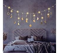 Guirlande Lunaire avec Phases de la Lune | Décoration Murale en macramé doré 144 cm | 13 lunes avec éclairage LED 3 mètres | pour Ramadan, Salon et Chambre