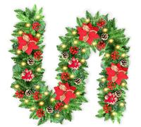 Guirlande Noel 270cm, Guirlande Sapin Artificiel avec Lumières,Fleurs, Pine Cones et Aiguilles de Pin, pour Cheminées, Portes, Fenêtres. Decoration Noel Exterieur ou Interieur